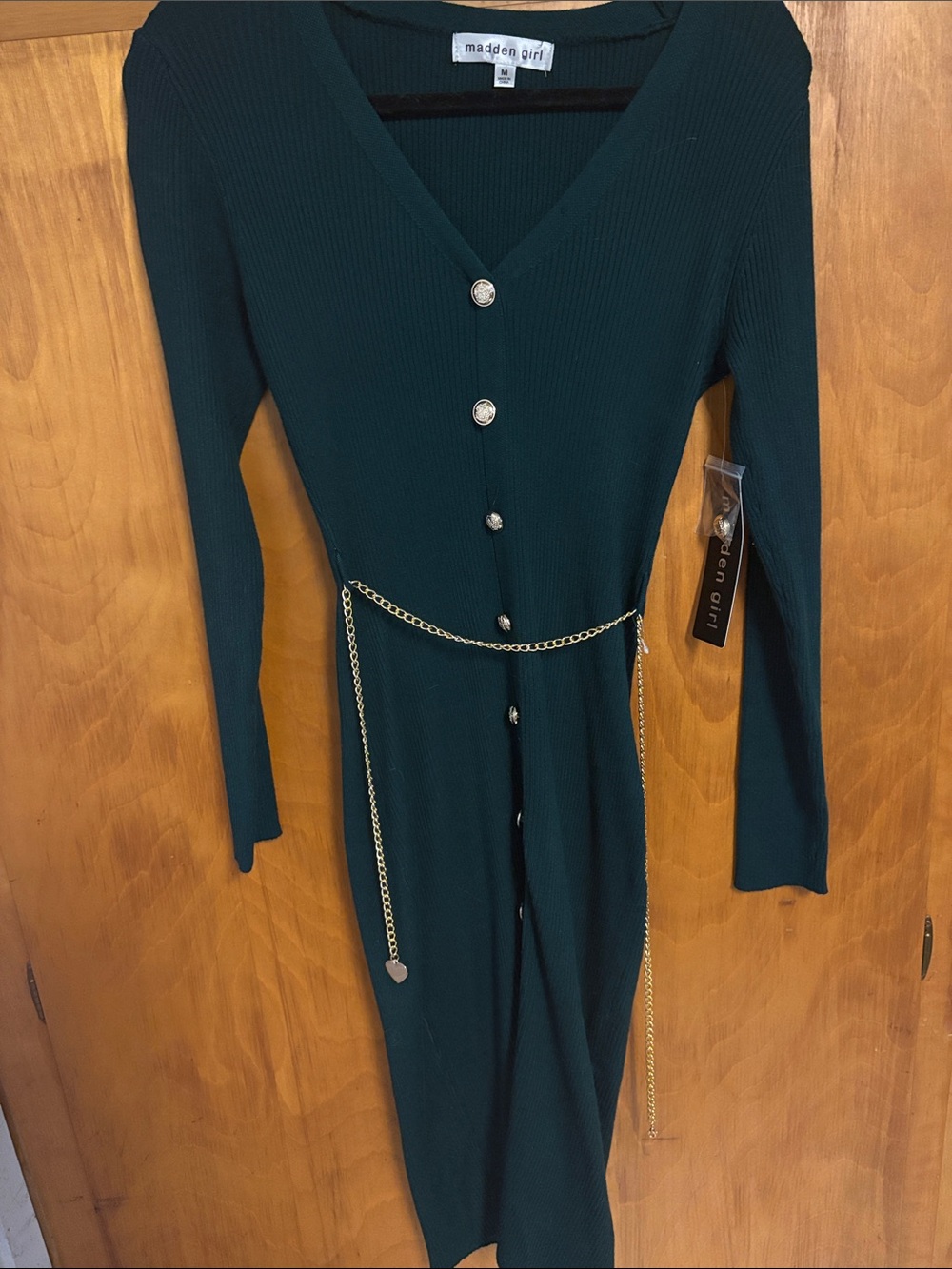 NWT Madden Girl Forest Green Ribbed Button-Front Midi Dress with Chain Belt